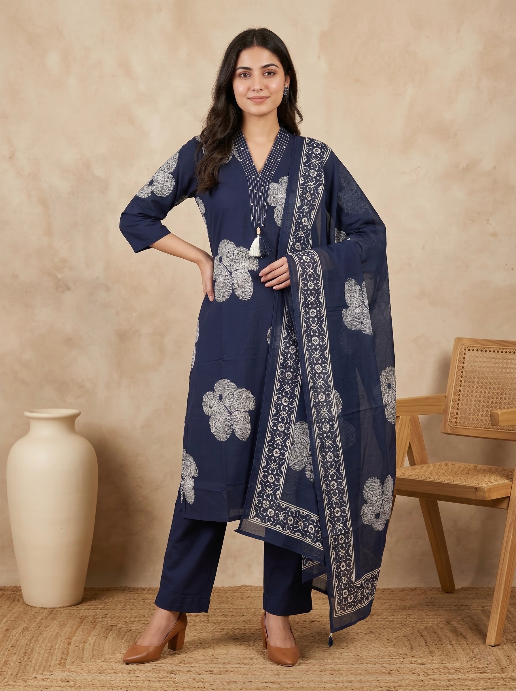 Navy Blue Floral Print Premium Cotton Kurta Pant Set