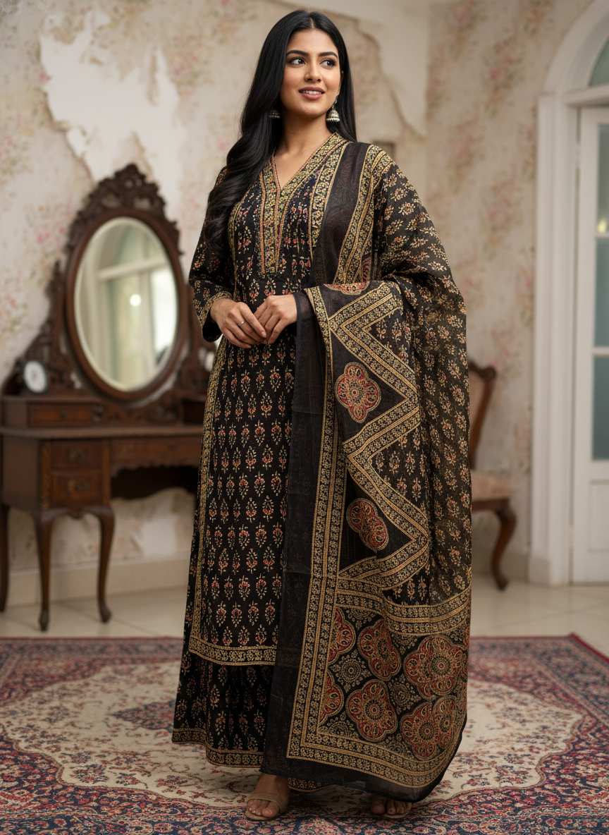Black and Gold Ajrakh Cotton Kurta Set for Women – Printed Ethnic Palazzo Suit