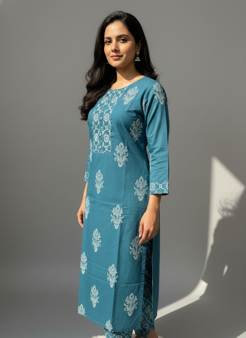 Teal Blue Mandala Print Cotton Kurta Set with Dupatta