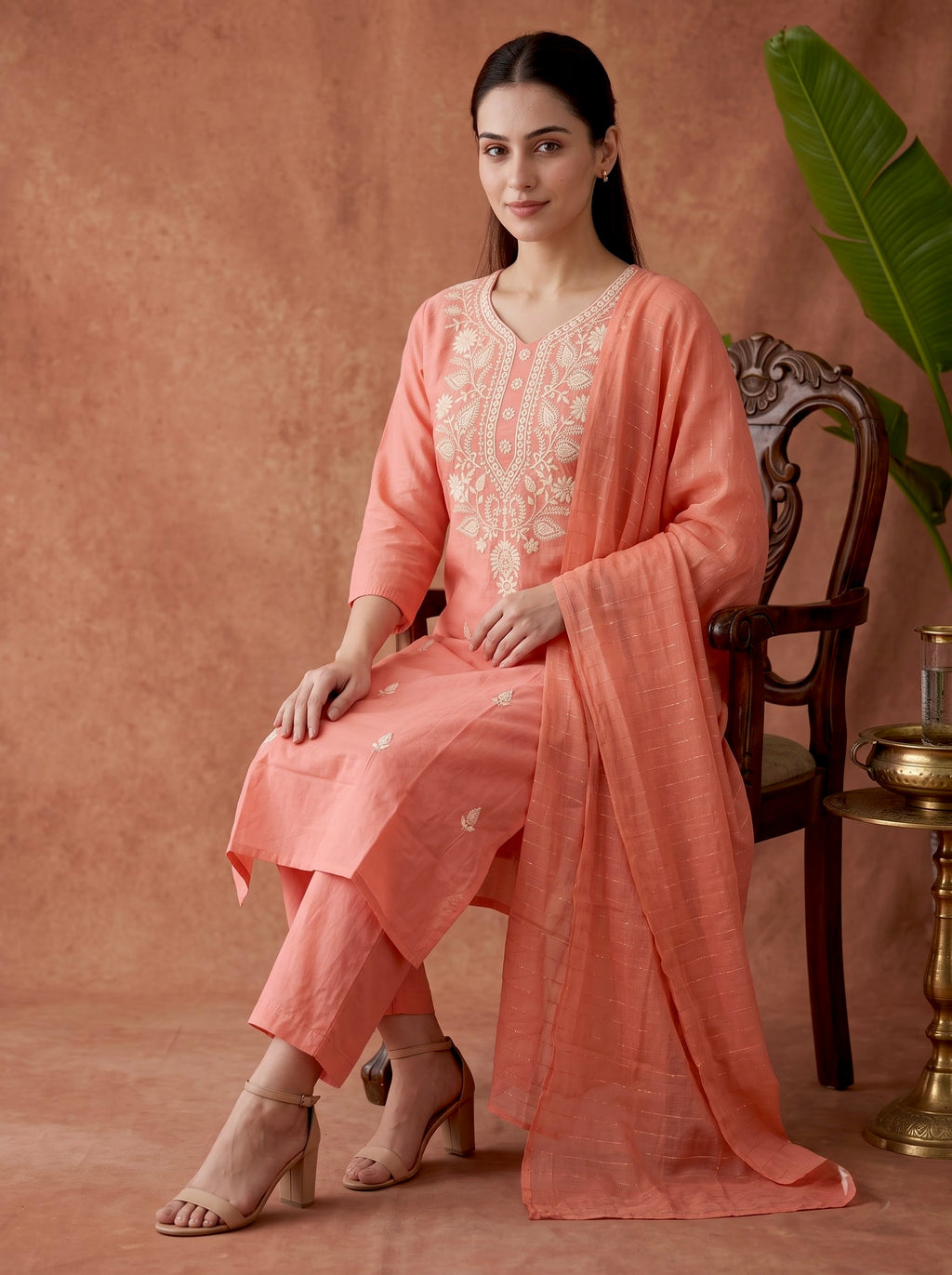 Peach Chikankari Embroidered Slub Cotton Kurta Set