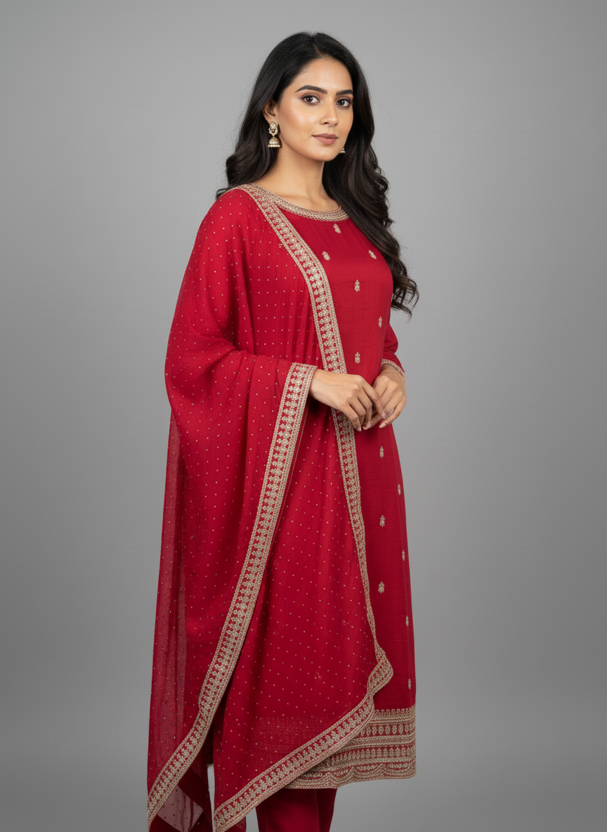 Red Viscose Kurta Set with Zari Embroidery & Sequin Work