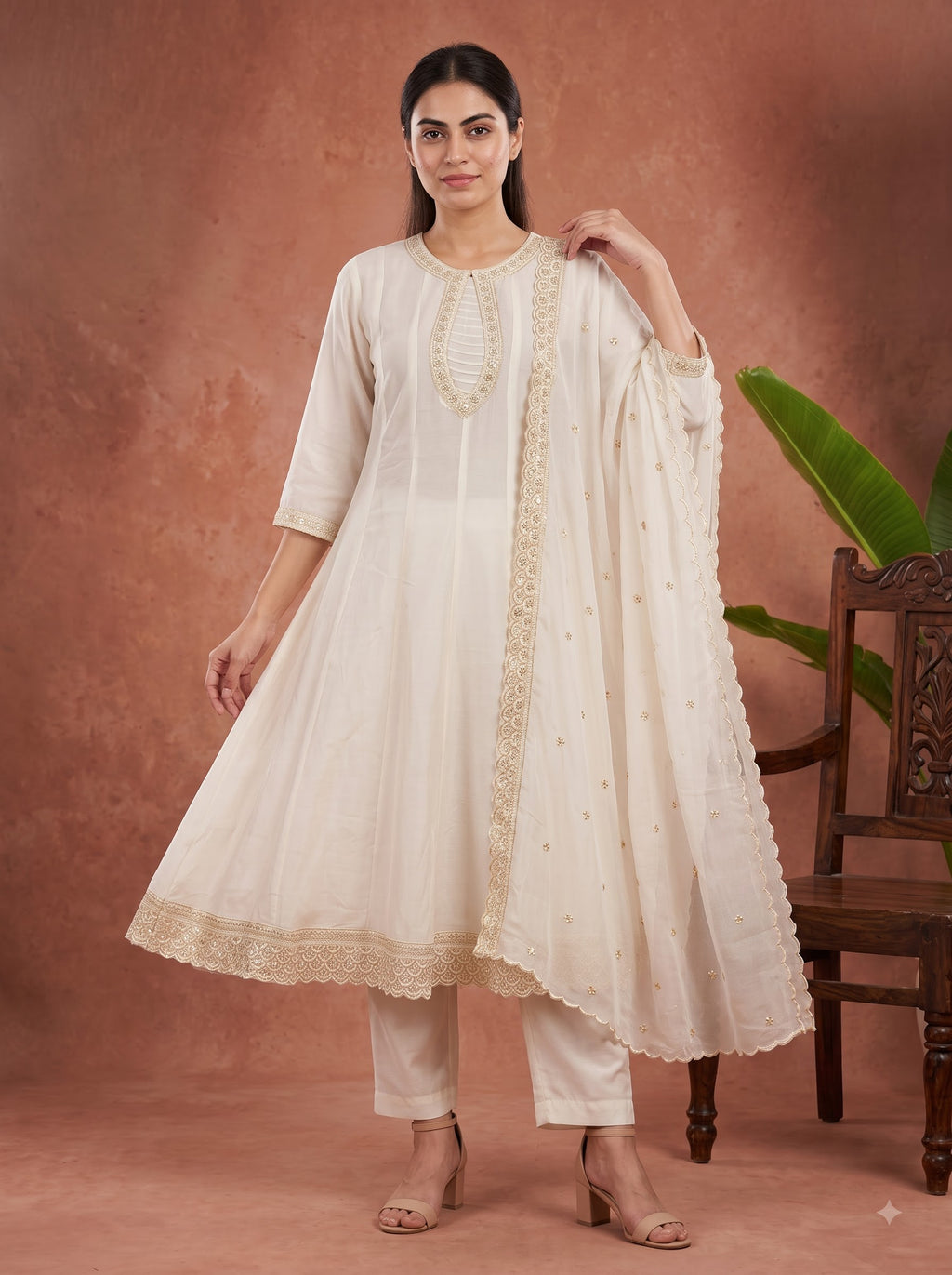 Ivory Zari Embroidered Silk Anarkali Kurta Set