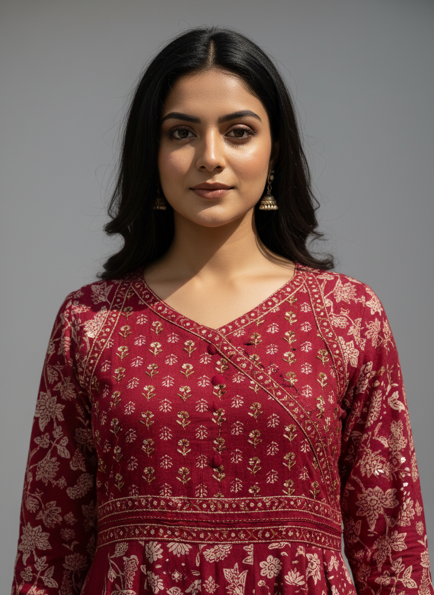 Maroon Floral Anarkali Cotton 3-Piece Suit Set