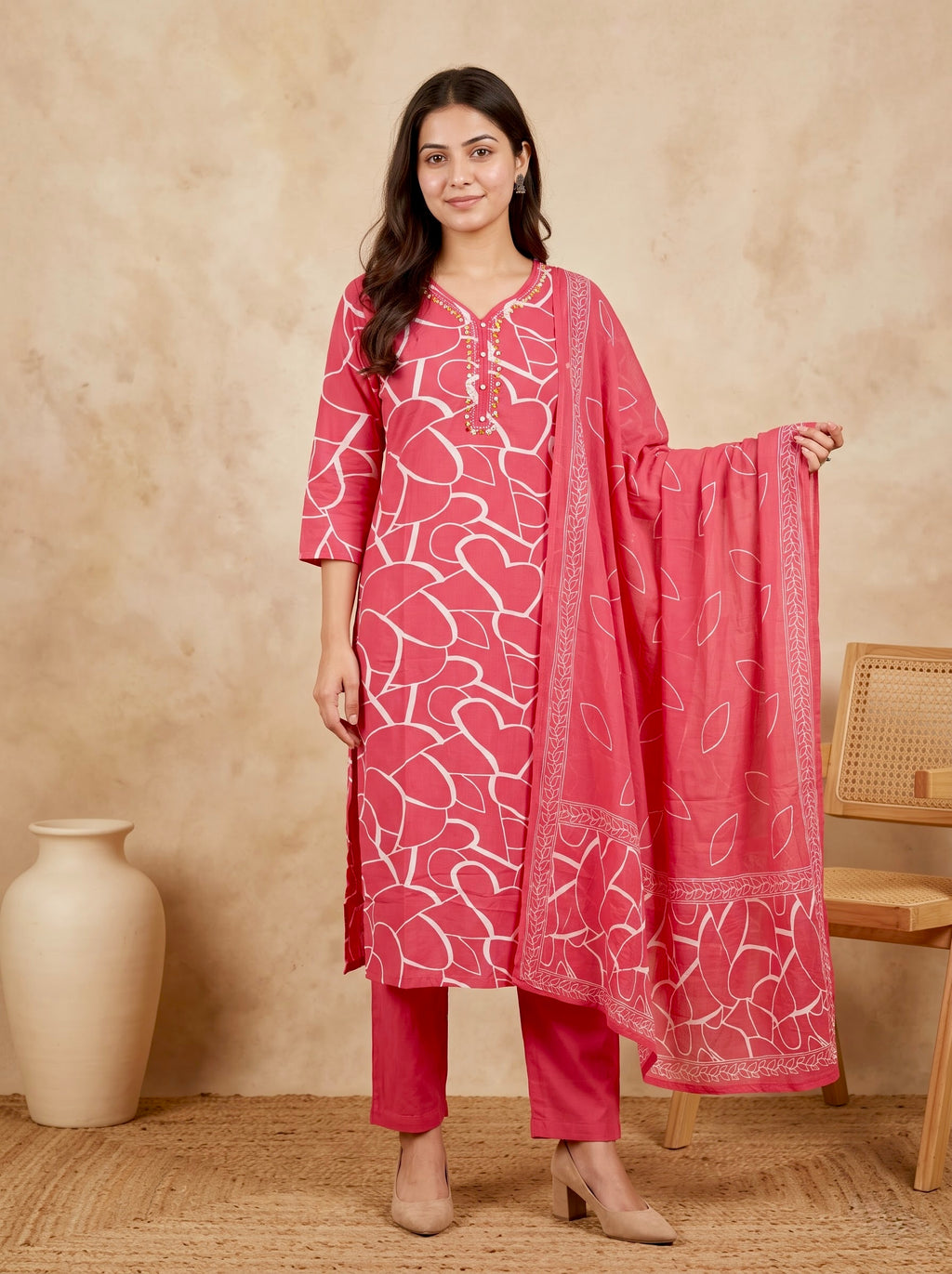 Rose Pink Heart Print Premium Cotton Kurta Set