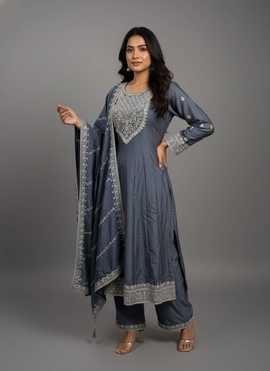 Aqua Grey Viscose Anarkali Salwar Suit with Sequin & Thread Work