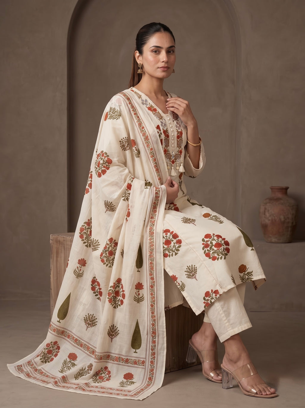 Ivory Mughal Floral Print Premium Cotton Kurta Set