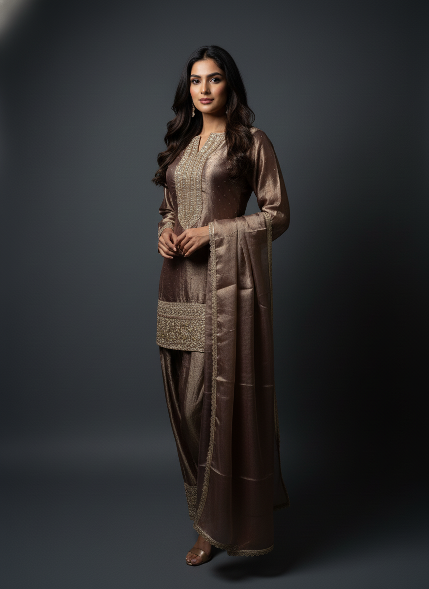 Dusty Brown Two-Tone Silk Blend Farsi Suit with Zari Embroidery