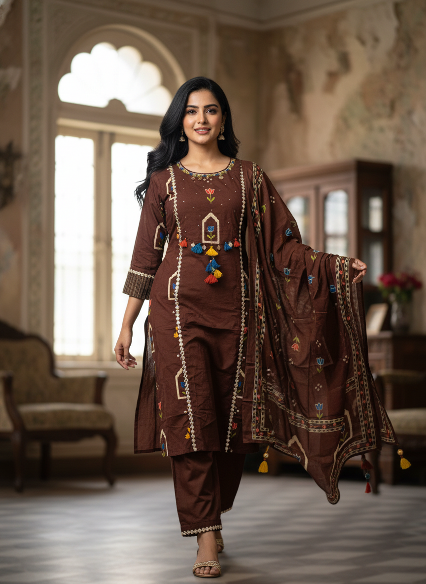 Coffee Brown Tulip Motif Cotton A-Line Kurta Set with Palazzo