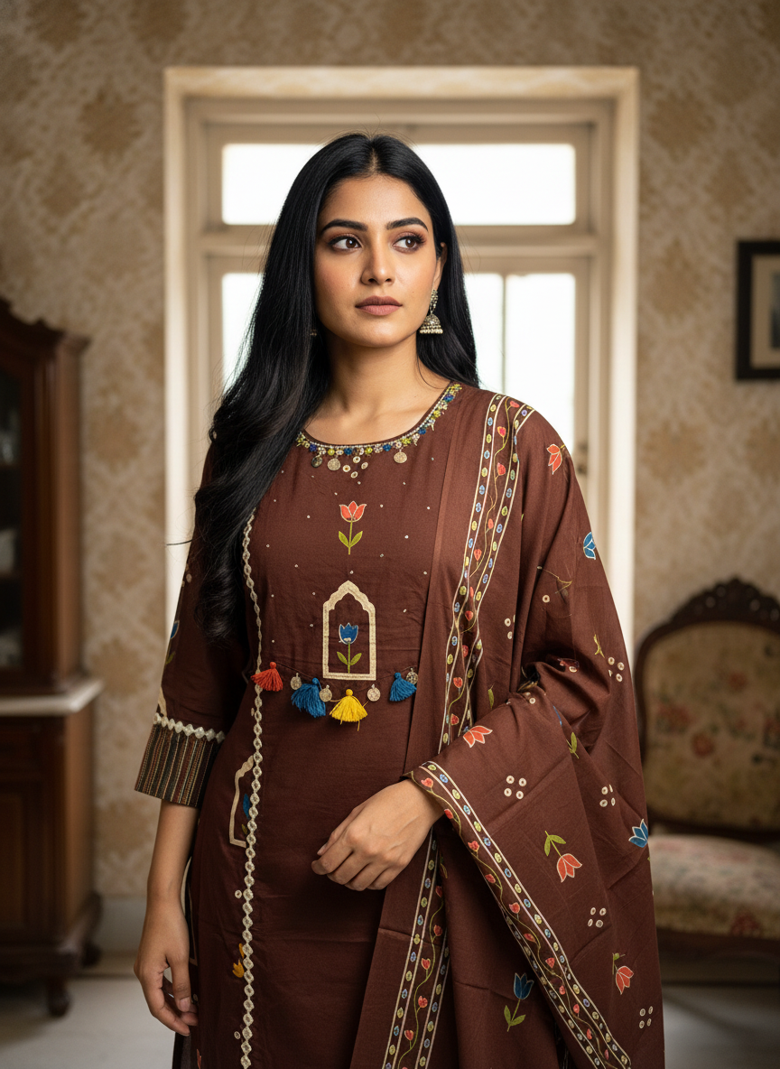 Coffee Brown Tulip Motif Cotton A-Line Kurta Set with Palazzo