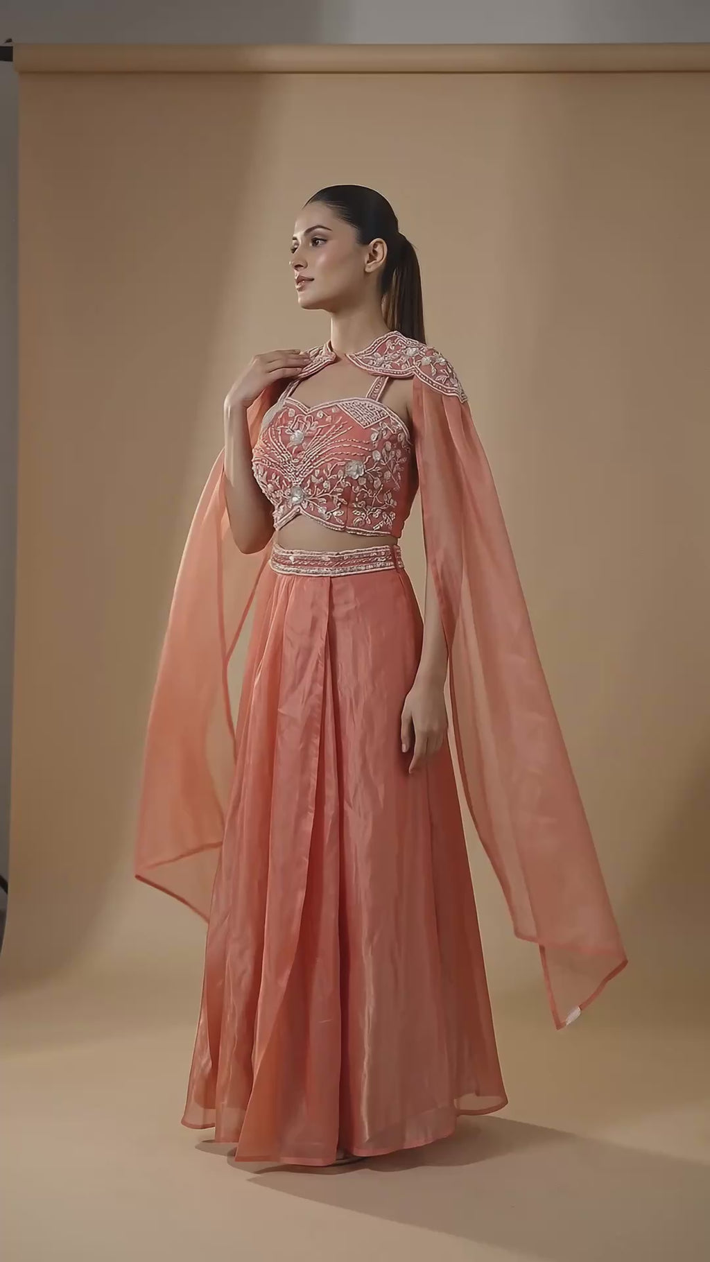 Peach Gucci Crepe Crop Top & Draped Skirt Set with Pearl Embroidered Cape