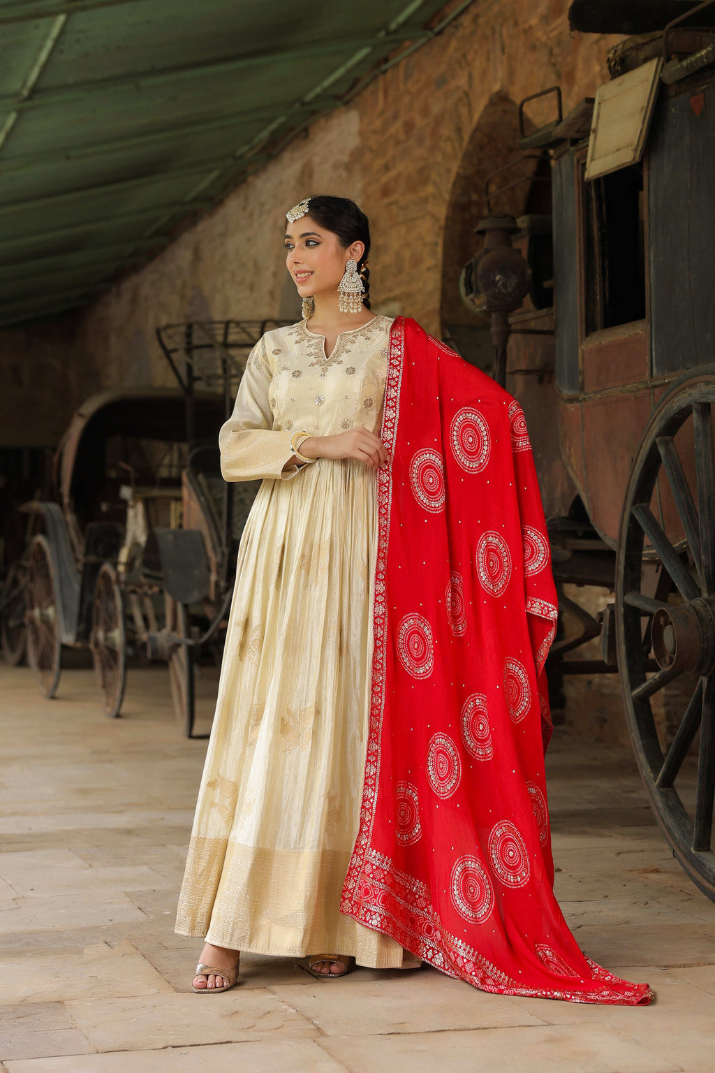 Pure Banarasi Silk Gottapati Cream Suit