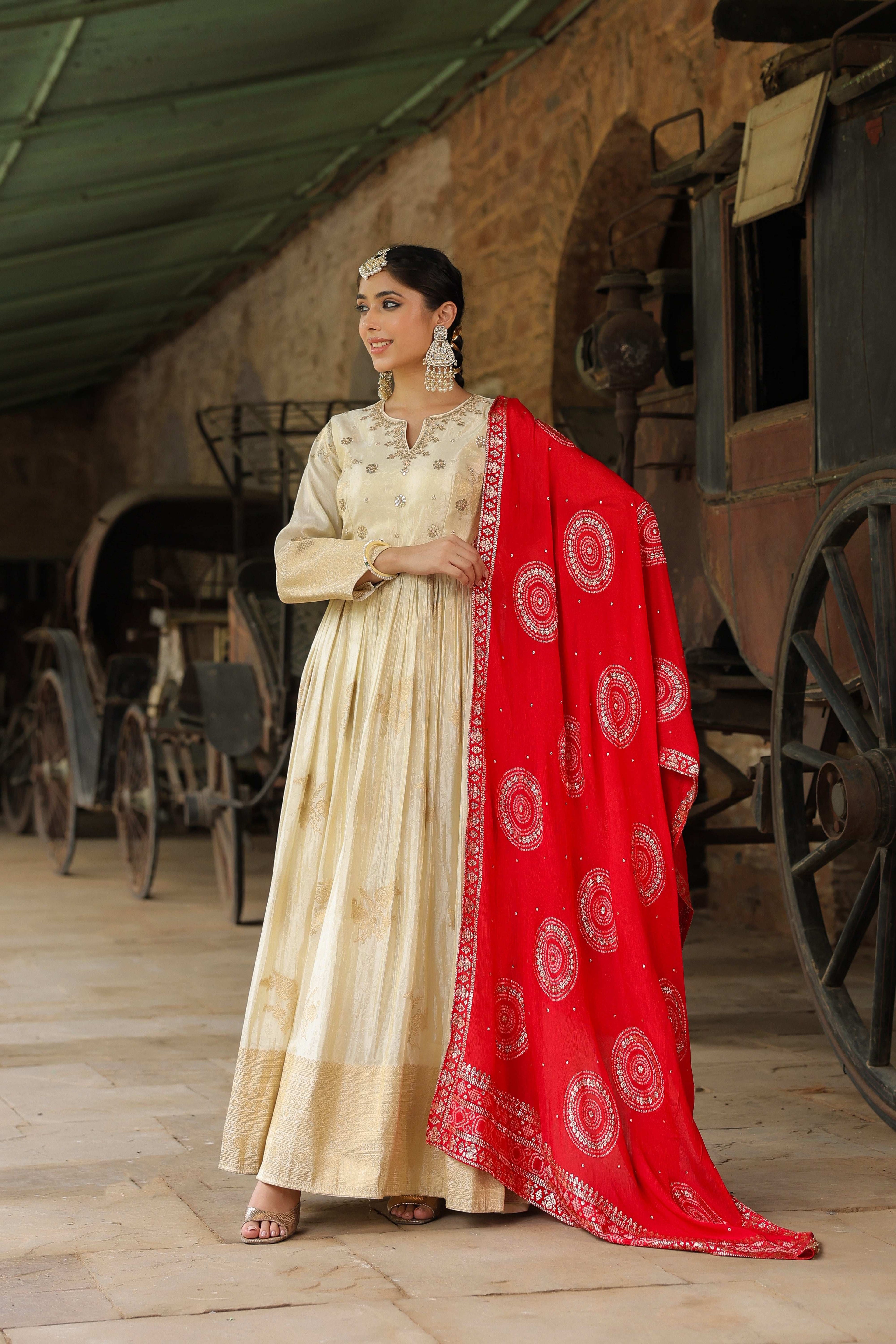 Pure Banarasi Silk Gottapati Cream Suit