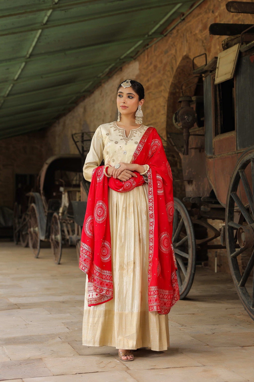 Pure Banarasi Silk Gottapati Cream Suit