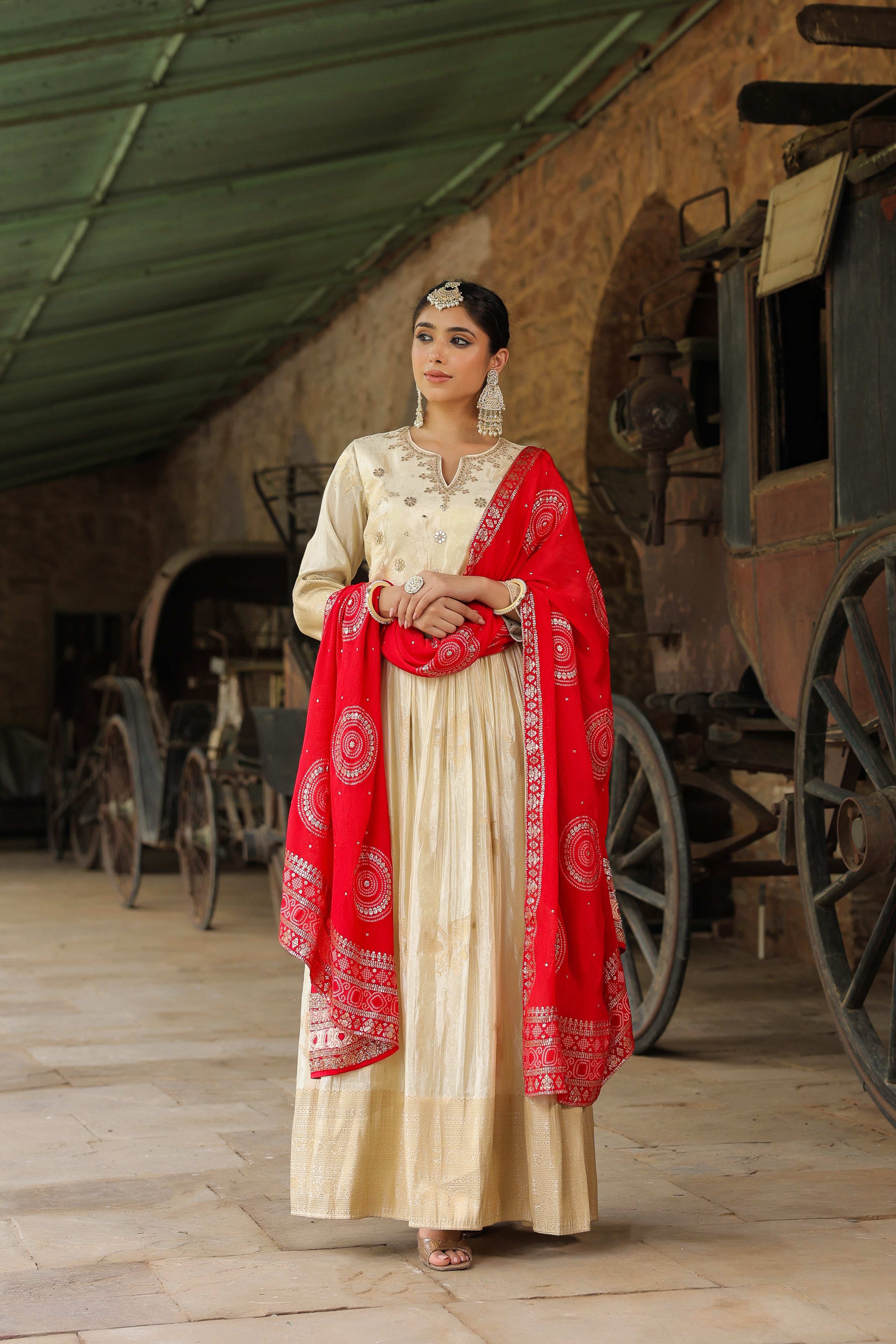 Pure Banarasi Silk Gottapati Cream Suit