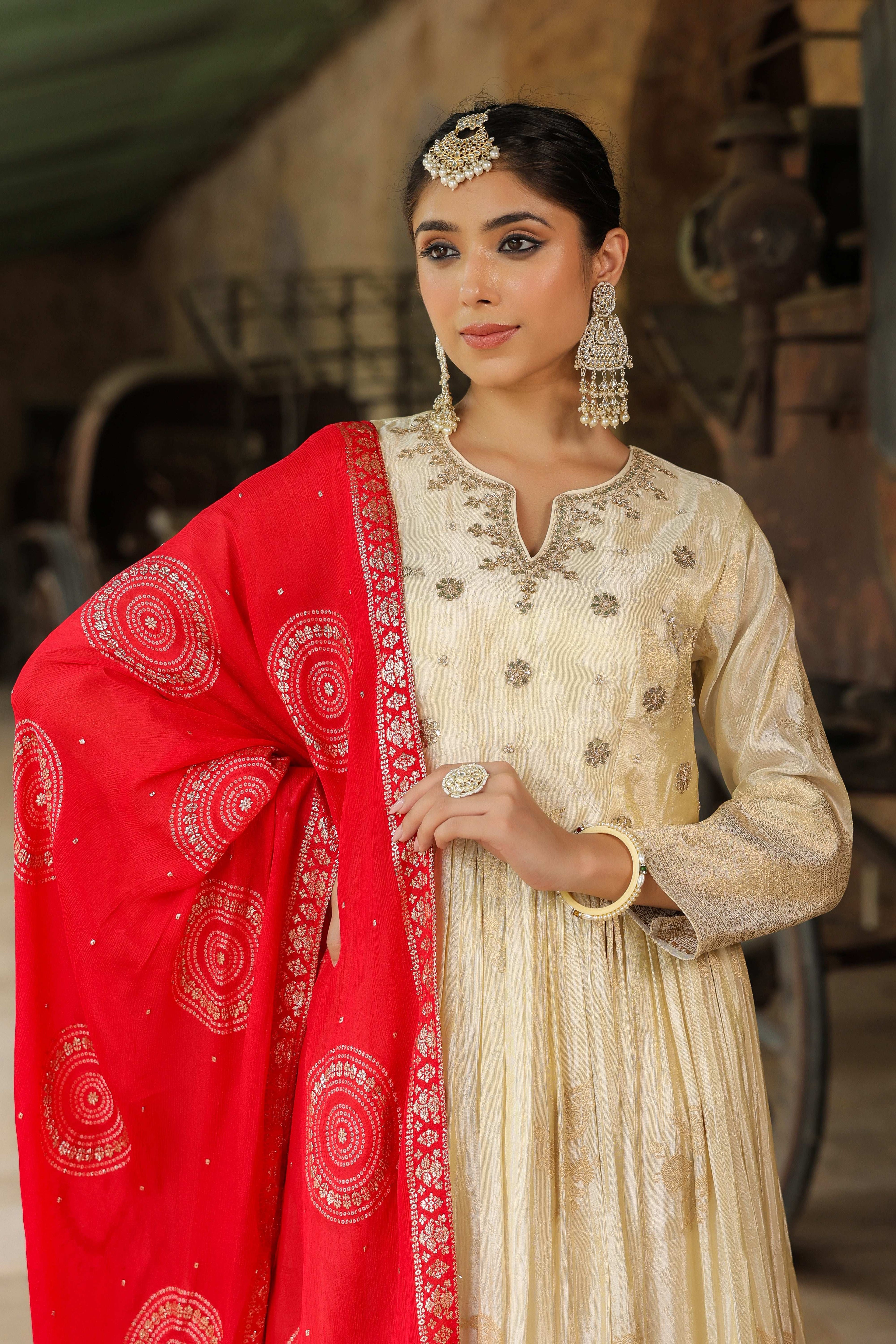 Pure Banarasi Silk Gottapati Cream Suit