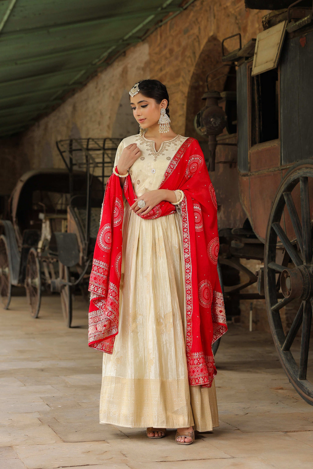 Pure Banarasi Silk Gottapati Cream Suit