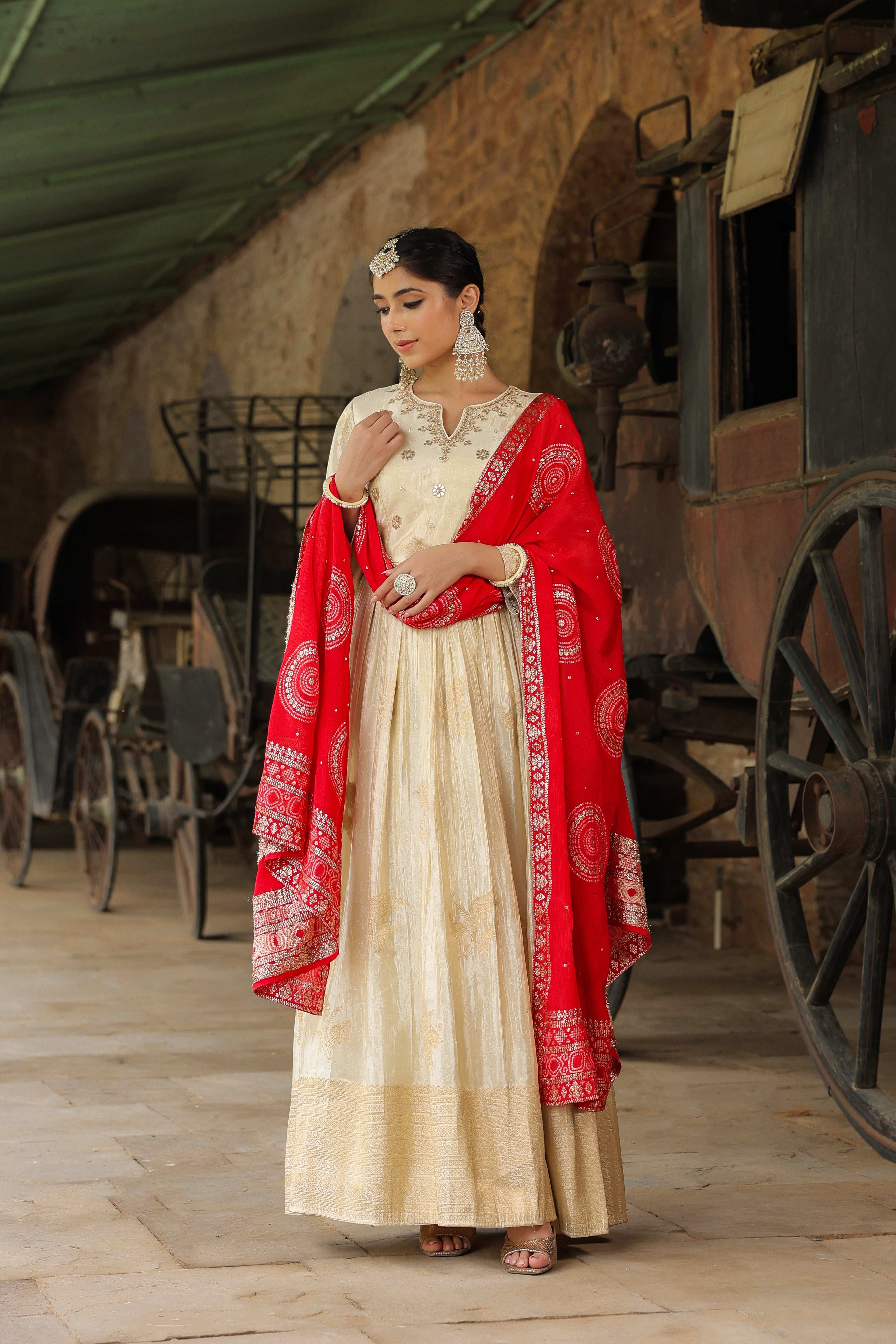 Pure Banarasi Silk Gottapati Cream Suit