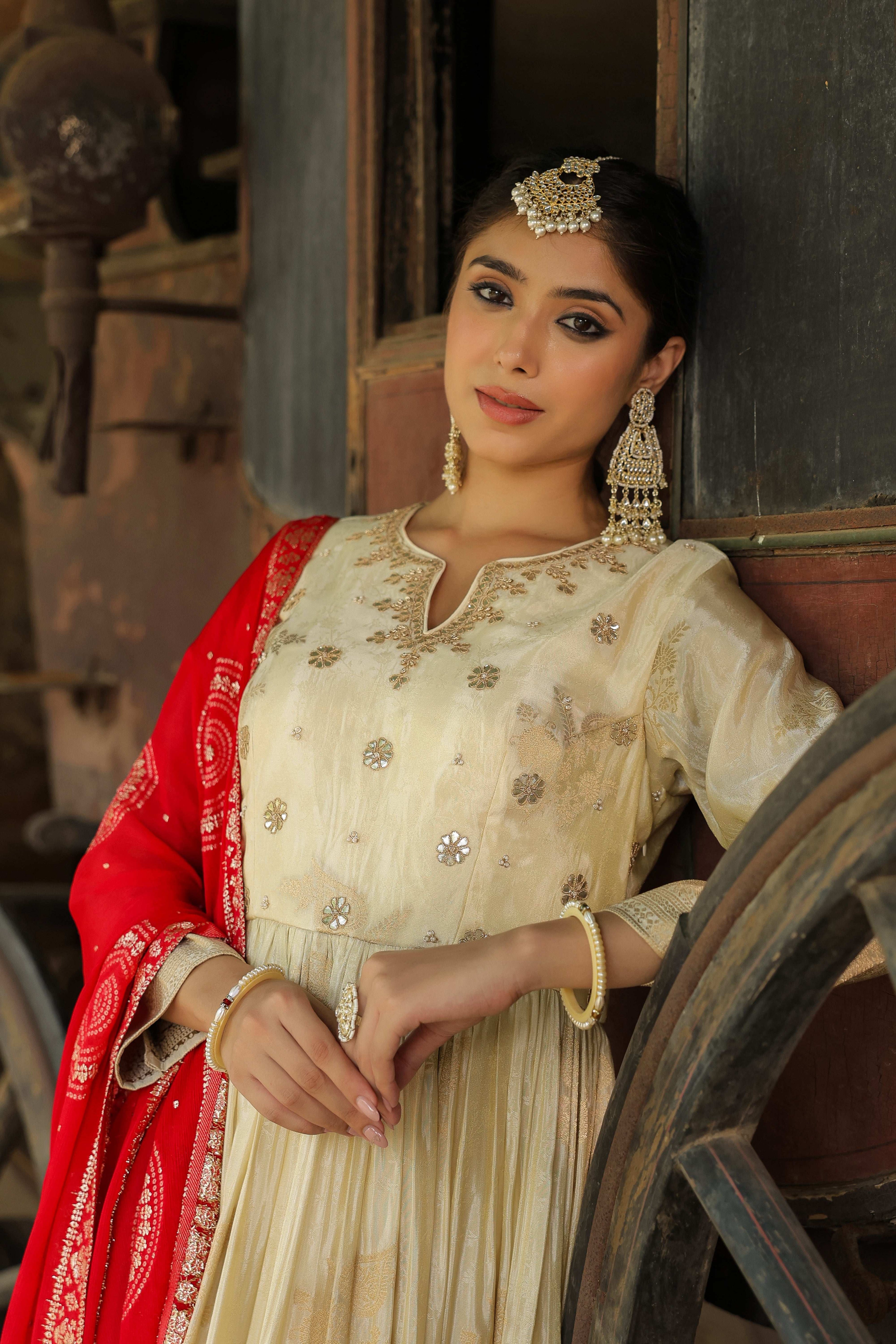 Pure Banarasi Silk Gottapati Cream Suit