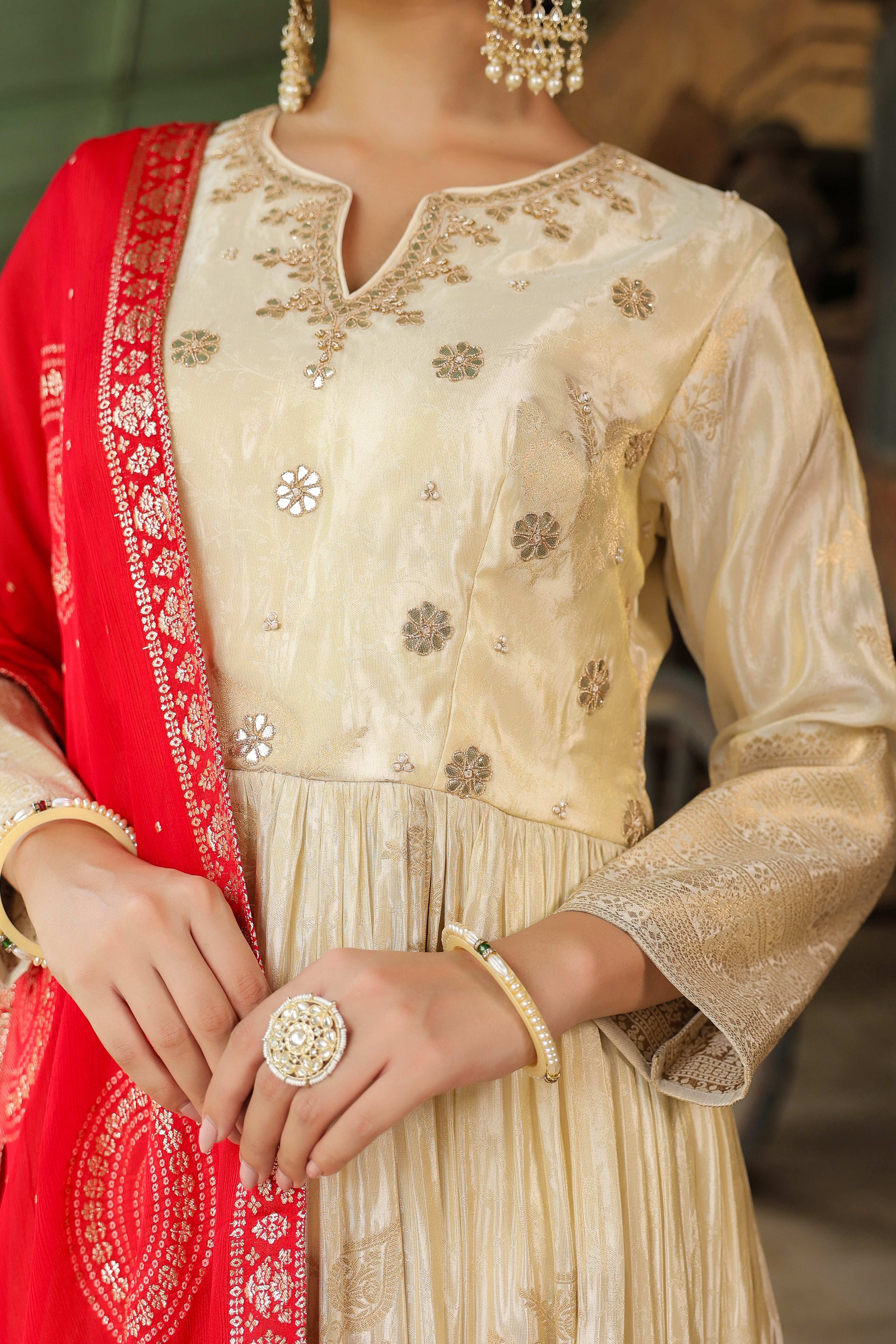 Pure Banarasi Silk Gottapati Cream Suit